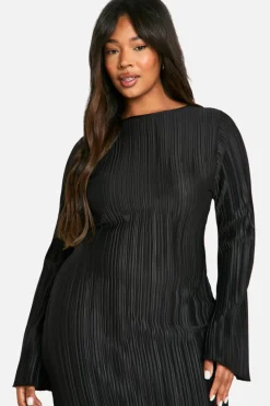 Midi Dresses*boohoo Plus Plisse Flared Sleeve Low Back Column Midi Dress black