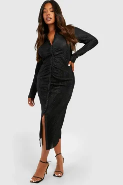 Shirt Dresses|Midi Dresses*boohoo Plus Plisse Midi Ruched Shirt Dress black