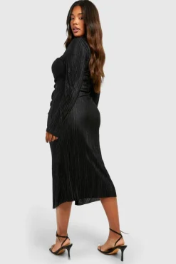 Shirt Dresses|Midi Dresses*boohoo Plus Plisse Midi Ruched Shirt Dress black