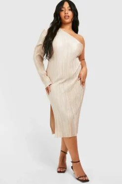 Midi Dresses*boohoo Plus Plisse Off Shoulder Split Midi Dress champagne