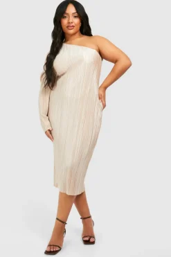 Midi Dresses*boohoo Plus Plisse Off Shoulder Split Midi Dress champagne