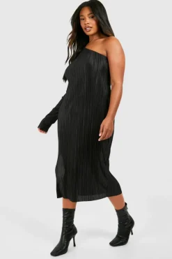 Midi Dresses*boohoo Plus Plisse Off Shoulder Split Midi Dress black