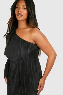 Midi Dresses*boohoo Plus Plisse Off Shoulder Split Midi Dress black