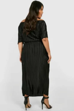 Midi Dresses*boohoo Plus Plisse Off Shoulder Midi Dress black