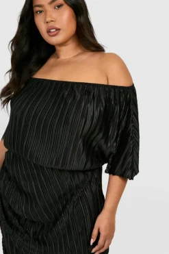 Midi Dresses*boohoo Plus Plisse Off Shoulder Midi Dress black