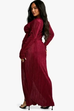 Wrap Dresses|Maxi Dresses*boohoo Plus Plisse Pleated Wrap Maxi Dress wine