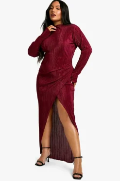 Wrap Dresses|Maxi Dresses*boohoo Plus Plisse Pleated Wrap Maxi Dress wine