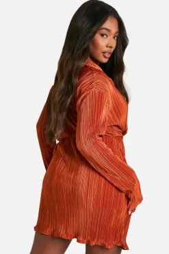 Shirt Dresses*boohoo Plus Plisse Twist Front Shirt Dress rust