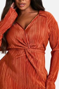 Shirt Dresses*boohoo Plus Plisse Twist Front Shirt Dress rust