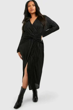 Wrap Dresses|Midi Dresses*boohoo Plus Plisse Wrap Midi Dress black