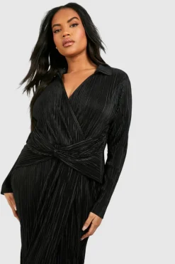 Wrap Dresses|Midi Dresses*boohoo Plus Plisse Wrap Midi Dress black