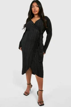 Wrap Dresses|Midi Dresses*boohoo Plus Plisse Wrap Midi Dress black