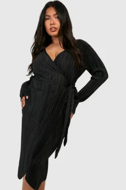 Wrap Dresses|Midi Dresses*boohoo Plus Plisse Wrap Midi Dress black