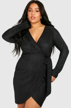 Wrap Dresses*boohoo Plus Plisse Wrap Mini Dress black