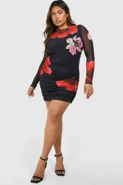 Bodycon Dresses*boohoo Plus Plus Printed Ruched Bodycon Dress black
