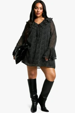 Smock Dresses|Mini Dresses*boohoo Plus Polka Dot Chiffon Smock Dress black