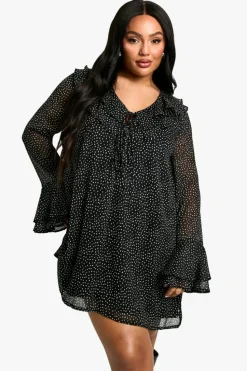 Smock Dresses|Mini Dresses*boohoo Plus Polka Dot Chiffon Smock Dress black