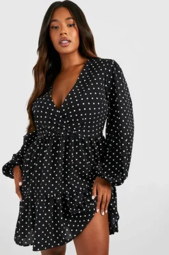 Wrap Dresses|Mini Dresses*boohoo Plus Polka Dot Wrap Balloon Smock Dress black