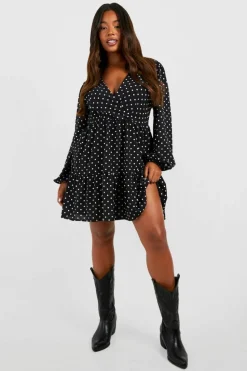 Wrap Dresses|Mini Dresses*boohoo Plus Polka Dot Wrap Balloon Smock Dress black