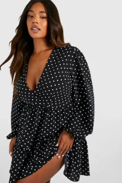 Wrap Dresses|Mini Dresses*boohoo Plus Polka Dot Wrap Balloon Smock Dress black