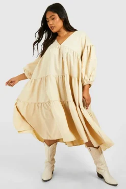Smock Dresses|Midi Dresses*boohoo Plus Poplin V Neck Tiered Midi Smock Dress stone