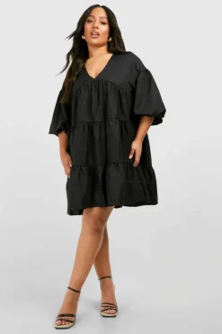 Smock Dresses*boohoo Plus Poplin V Neck Tiered Smock Dress black