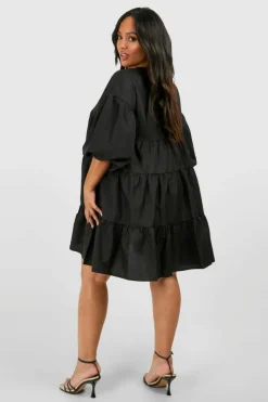 Smock Dresses*boohoo Plus Poplin V Neck Tiered Smock Dress black