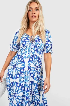 Smock Dresses*boohoo Plus Porcelain Print Puff Sleeve Maxi Dress blue
