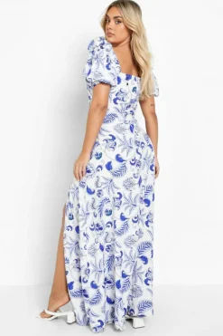 Smock Dresses*boohoo Plus Porcelain Print Ruched Maxi Dress blue
