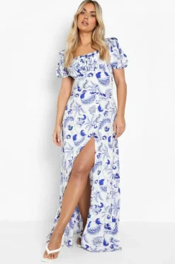 Smock Dresses*boohoo Plus Porcelain Print Ruched Maxi Dress blue