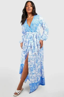 Wrap Dresses*boohoo Plus Porcelain Wrap Tie Belt Maxi Dress blue