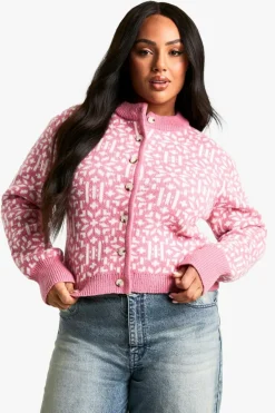 Cardigans*boohoo Plus Premium Christmas Fairisle Knitted Cardigan pink