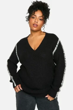 Jumpers|Jumpers & Cardigans*boohoo Plus Premium Contrast Trim V Neck Longline Jumper black