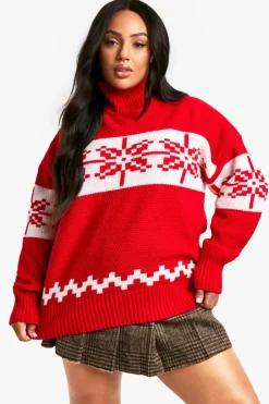Oversized Jumpers*boohoo Plus Premium Fairisle High Neck Oversized Knitted Christmas Jumper red