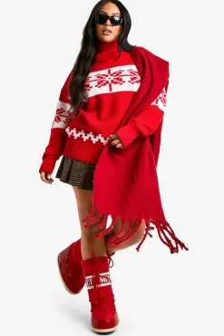 Oversized Jumpers*boohoo Plus Premium Fairisle High Neck Oversized Knitted Christmas Jumper red