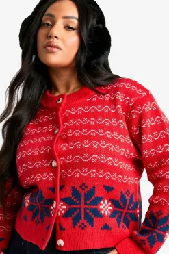Cardigans*boohoo Plus Premium Fairisle Knitted Christmas Cardigan red