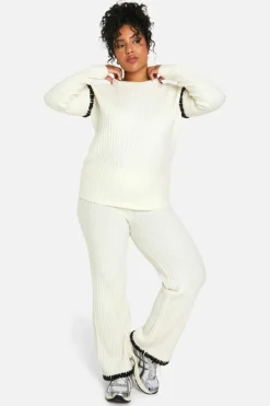Up To 80% Off Winter Warmers|Knitwear*boohoo Plus Premium Heavyweight Contrast Trim Jumper And Trouser Knitted Set ecru