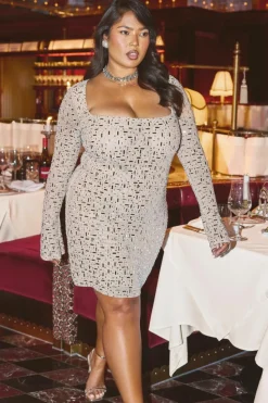 Mini Dresses|Long Sleeve Dresses*boohoo Plus Premium Hot Fix Sequin Long Sleeve Mini Dress tan