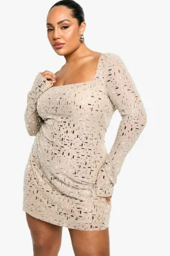 Mini Dresses|Long Sleeve Dresses*boohoo Plus Premium Hot Fix Sequin Long Sleeve Mini Dress tan