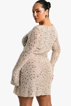 Mini Dresses|Long Sleeve Dresses*boohoo Plus Premium Hot Fix Sequin Long Sleeve Mini Dress tan