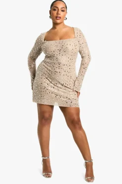 Mini Dresses|Long Sleeve Dresses*boohoo Plus Premium Hot Fix Sequin Long Sleeve Mini Dress tan