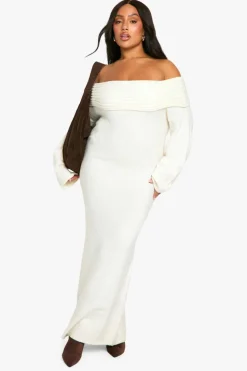 Jumper Dresses|Jumper Dresses*boohoo Plus Premium Oversized Rib Bardot Neckline Soft Knit Jumper Dress ecru