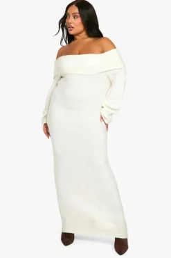 Jumper Dresses|Jumper Dresses*boohoo Plus Premium Oversized Rib Bardot Neckline Soft Knit Jumper Dress ecru
