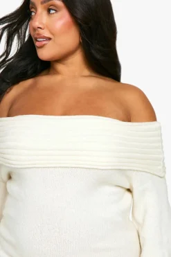 Jumper Dresses|Jumper Dresses*boohoo Plus Premium Oversized Rib Bardot Neckline Soft Knit Jumper Dress ecru
