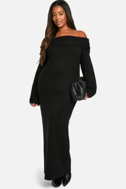 Jumper Dresses|Jumper Dresses*boohoo Plus Premium Oversized Rib Bardot Neckline Soft Knit Jumper Dress black