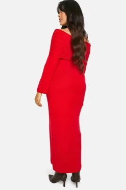 Jumper Dresses|Jumper Dresses*boohoo Plus Premium Oversized Rib Bardot Neckline Soft Knit Jumper Dress red