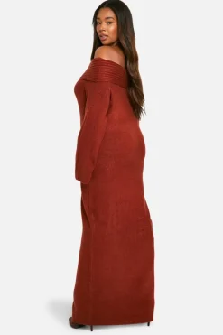 Jumper Dresses|Jumper Dresses*boohoo Plus Premium Oversized Rib Bardot Neckline Soft Knit Jumper Dress chocolate