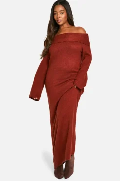 Jumper Dresses|Jumper Dresses*boohoo Plus Premium Oversized Rib Bardot Neckline Soft Knit Jumper Dress chocolate