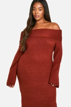 Jumper Dresses|Jumper Dresses*boohoo Plus Premium Oversized Rib Bardot Neckline Soft Knit Jumper Dress chocolate