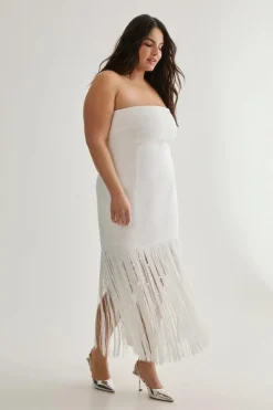 Midi Dresses*NastyGal Plus Premium Pearl Fringe Midi Dress ivory